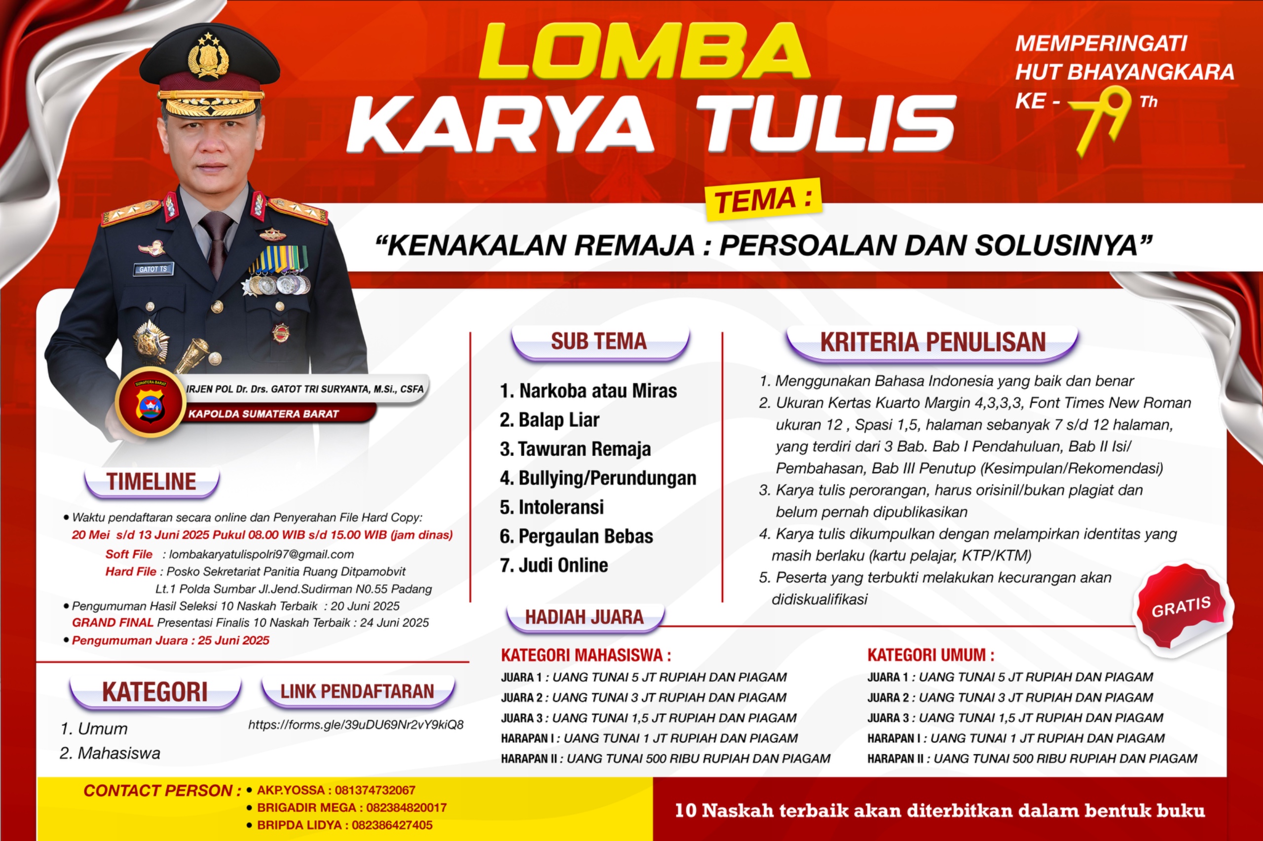 Polda Sumbar Ajak Generasi Muda Ukir Prestasi di Hari Bhayangkara Ke-79 Melalui Lomba Karya Tulis Kapolda Cup 2025