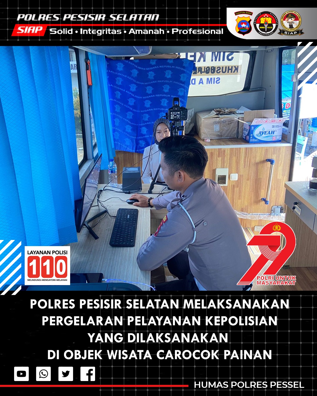 Sambut Hari Bhayangkara ke 79, Polres Pesisir Selatan Gelar Pelayanan SIM, SKCK dan Cek Kesehatan Gratis di Pantai Carocok Painan